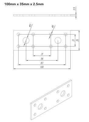 Flat Bracket 100mm x 35mm x 2.5m Heavy Duty Connecting Joining Plate Galvanised Steel Sheet