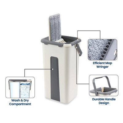 Flat Mop and Bucket Set with 360 Swivel Head and 2x Microfibre Pads Squeeze - 9
