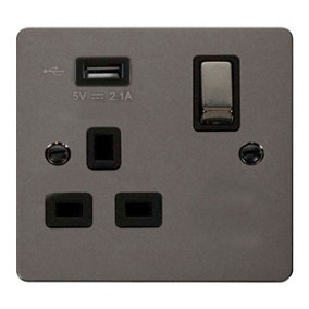 Flat Plate Black Nickel 1 Gang 13A DP Ingot 1 USB Switched Plug Socket - Black Trim - SE Home