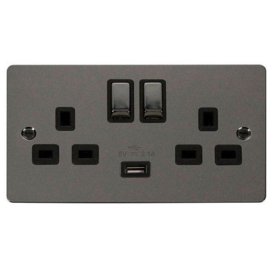 Flat Plate Black Nickel 2 Gang 13A DP Ingot 1 USB Twin Double Switched Plug Socket - Black Trim - SE Home Price Comparisons | Compare The Build