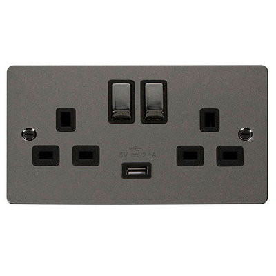 Flat Plate Black Nickel 2 Gang 13A DP Ingot 1 USB Twin Double Switched Plug Socket - Black Trim - SE Home