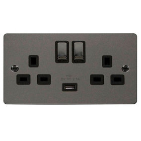 Flat Plate Black Nickel 2 Gang 13A DP Ingot 1 USB Twin Double Switched Plug Socket - Black Trim - SE Home