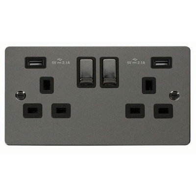 Flat Plate Black Nickel 2 Gang 13A DP Ingot 2 USB Twin Double Switched Plug Socket - Black Trim - SE Home Price Comparisons | Compare The Build