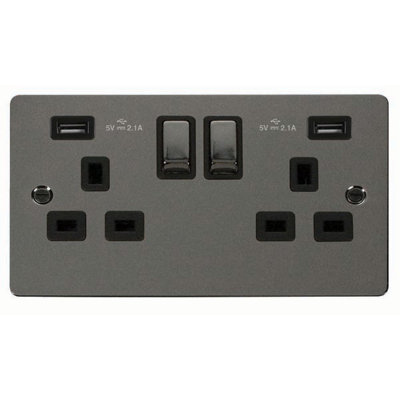 Flat Plate Black Nickel 2 Gang 13A DP Ingot 2 USB Twin Double Switched Plug Socket - Black Trim - SE Home