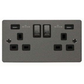 Flat Plate Black Nickel 2 Gang 13A DP Ingot 2 USB Twin Double Switched Plug Socket - Black Trim - SE Home