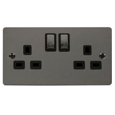 Flat Plate Black Nickel 2 Gang 13A DP Ingot Twin Double Switched Plug Socket - Black Trim - SE Home