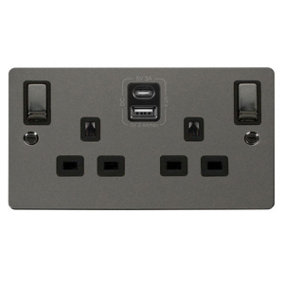 Flat Plate Black Nickel 2 Gang 13A DP Ingot Type A & C USB Twin Double Switched Plug Socket - Black Trim - SE Home
