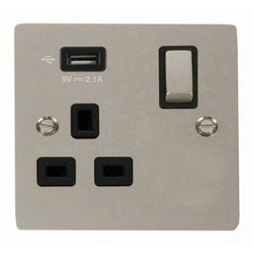 Flat Plate Pearl Nickel 1 Gang 13A DP Ingot 1 USB Switched Plug Socket - Black Trim - SE Home