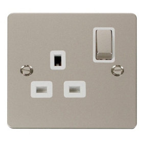 Flat Plate Pearl Nickel 1 Gang 13A DP Ingot Switched Plug Socket - White Trim - SE Home