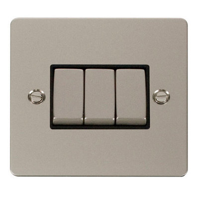 Flat Plate Pearl Nickel 10A 3 Gang 2 Way Ingot Light Switch - Black Trim - SE Home