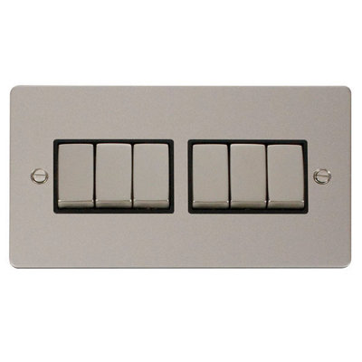 Flat Plate Pearl Nickel 10A 6 Gang 2 Way Ingot Light Switch - Black Trim - SE Home