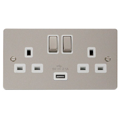 Flat Plate Pearl Nickel 2 Gang 13A DP Ingot 1 USB Twin Double Switched Plug Socket - White Trim - SE Home