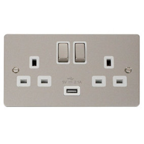 Flat Plate Pearl Nickel 2 Gang 13A DP Ingot 1 USB Twin Double Switched Plug Socket - White Trim - SE Home