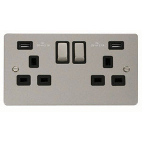 Flat Plate Pearl Nickel 2 Gang 13A DP Ingot 2 USB Twin Double Switched Plug Socket - Black Trim - SE Home