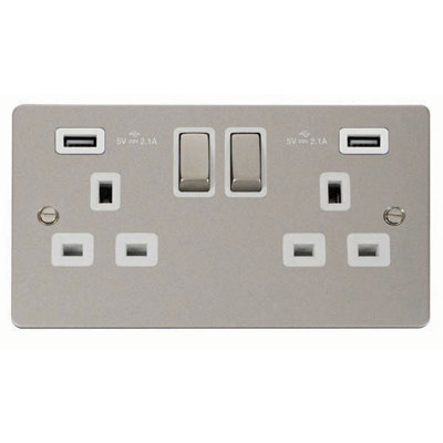 Flat Plate Pearl Nickel 2 Gang 13A DP Ingot 2 USB Twin Double Switched Plug Socket - White Trim - SE Home