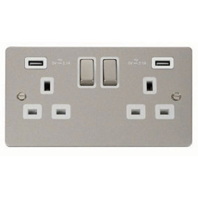 Flat Plate Pearl Nickel 2 Gang 13A DP Ingot 2 USB Twin Double Switched Plug Socket - White Trim - SE Home