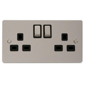 Flat Plate Pearl Nickel 2 Gang 13A DP Ingot Twin Double Switched Plug Socket - Black Trim - SE Home