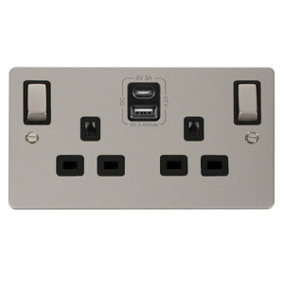 Flat Plate Pearl Nickel 2 Gang 13A DP Ingot Type A & C USB Twin Double Switched Plug Socket - Black Trim - SE Home