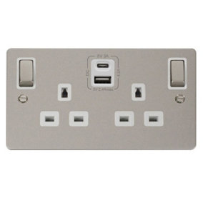 Flat Plate Pearl Nickel 2 Gang 13A DP Ingot Type A & C USB Twin Double Switched Plug Socket - White Trim - SE Home