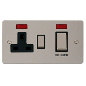 Flat Plate Pearl Nickel Cooker Control Ingot 45A With 13A Switched Plug Socket & 2 Neons - Black Trim - SE Home