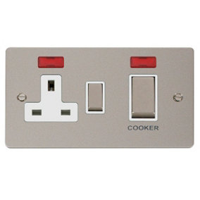 Flat Plate Pearl Nickel Cooker Control Ingot 45A With 13A Switched Plug Socket & 2 Neons - White Trim - SE Home