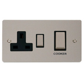 Flat Plate Pearl Nickel Cooker Control Ingot 45A With 13A Switched Plug Socket - Black Trim - SE Home