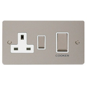 Flat Plate Pearl Nickel Cooker Control Ingot 45A With 13A Switched Plug Socket - White Trim - SE Home