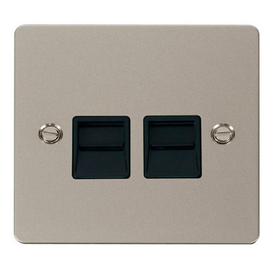 Flat Plate Pearl Nickel Master Telephone Twin Socket - Black Trim - SE Home