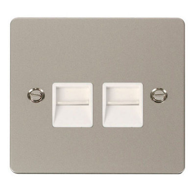 Flat Plate Pearl Nickel Master Telephone Twin Socket - White Trim - SE Home