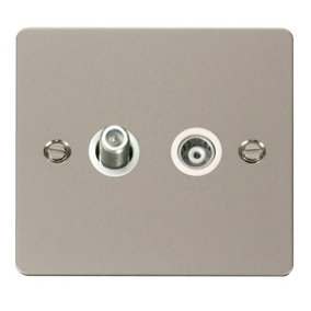 Flat Plate Pearl Nickel Satellite And Isolated Coaxial 1 Gang Socket - White Trim - SE Home