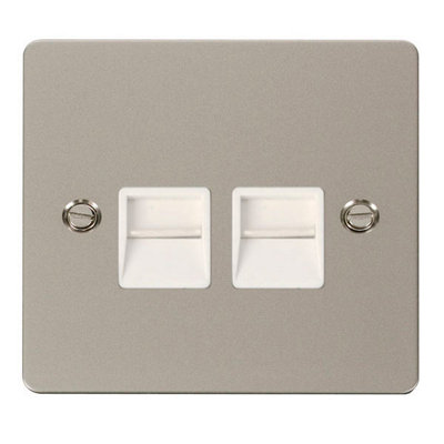 Flat Plate Pearl Nickel Secondary Telephone Twin Socket - White Trim - SE Home