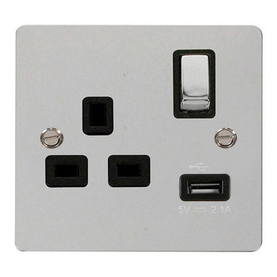 Flat Plate Polished Chrome 1 Gang 13A DP Ingot 1 USB Switched Plug ...