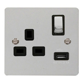 Flat Plate Polished Chrome 1 Gang 13A DP Ingot 1 USB Switched Plug Socket - Black Trim - SE Home