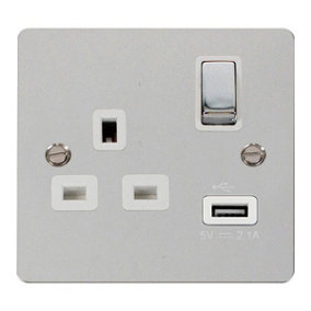 Flat Plate Polished Chrome 1 Gang 13A DP Ingot 1 USB Switched Plug Socket - White Trim - SE Home