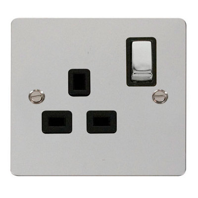 Flat Plate Polished Chrome 1 Gang 13A DP Ingot Switched Plug Socket - Black Trim - SE Home