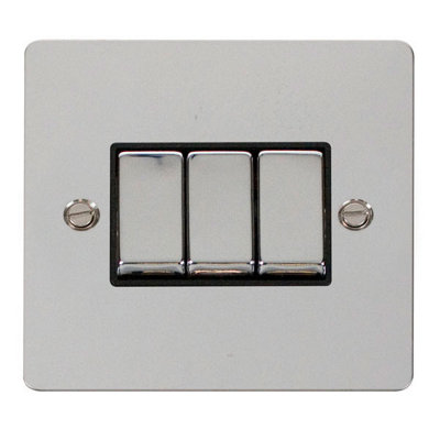 Flat Plate Polished Chrome 10A 3 Gang 2 Way Ingot Light Switch - Black Trim - SE Home