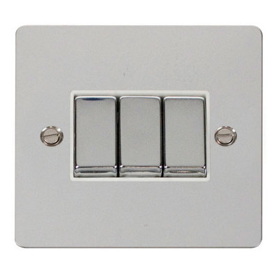 Flat Plate Polished Chrome 10A 3 Gang 2 Way Ingot Light Switch - White Trim - SE Home