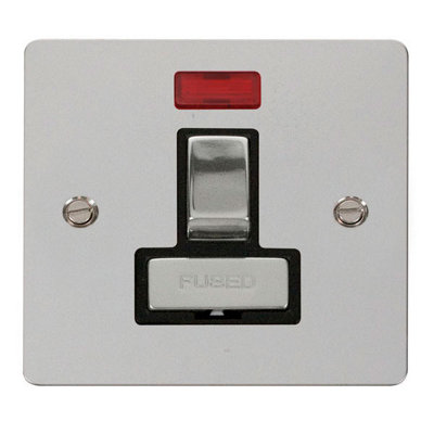 Flat Plate Polished Chrome 13A Fused Ingot Connection Unit Switched With Neon - Black Trim - SE Home
