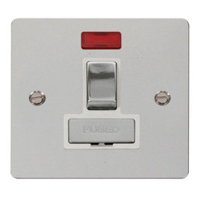 Flat Plate Polished Chrome 13A Fused Ingot Connection Unit Switched With Neon - White Trim - SE Home
