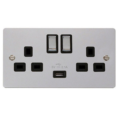 Flat Plate Polished Chrome 2 Gang 13A DP Ingot 1 USB Twin Double Switched Plug Socket - Black Trim - SE Home