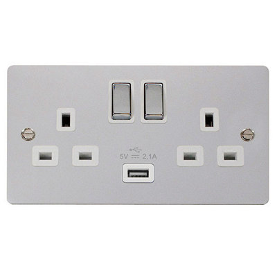 Flat Plate Polished Chrome 2 Gang 13A DP Ingot 1 USB Twin Double Switched Plug Socket - White Trim - SE Home