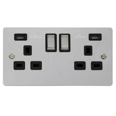 Flat Plate Polished Chrome 2 Gang 13A DP Ingot 2 USB Twin Double Switched Plug Socket - Black Trim - SE Home