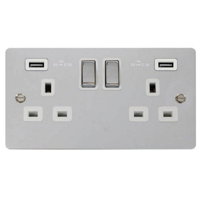 Flat Plate Polished Chrome 2 Gang 13A DP Ingot 2 USB Twin Double Switched Plug Socket - White Trim - SE Home