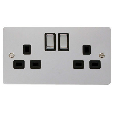 Flat Plate Polished Chrome 2 Gang 13A DP Ingot Twin Double Switched Plug Socket - Black Trim - SE Home