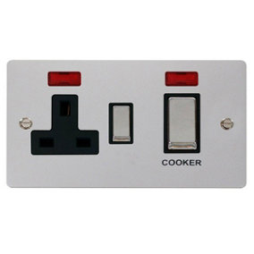 Flat Plate Polished Chrome Cooker Control Ingot 45A With 13A Switched Plug Socket & 2 Neons - Black Trim - SE Home