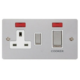 Flat Plate Polished Chrome Cooker Control Ingot 45A With 13A Switched Plug Socket & 2 Neons - White Trim - SE Home