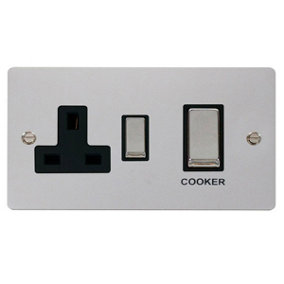 Flat Plate Polished Chrome Cooker Control Ingot 45A With 13A Switched Plug Socket - Black Trim - SE Home