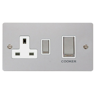 Flat Plate Polished Chrome Cooker Control Ingot 45A With 13A Switched Plug Socket - White Trim - SE Home