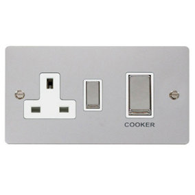 Flat Plate Polished Chrome Cooker Control Ingot 45A With 13A Switched Plug Socket - White Trim - SE Home