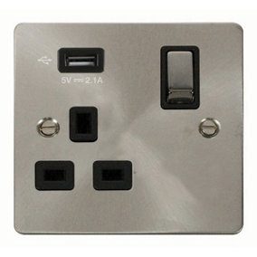Flat Plate Satin / Brushed Chrome 1 Gang 13A DP Ingot 1 USB Switched Plug Socket - Black Trim - SE Home